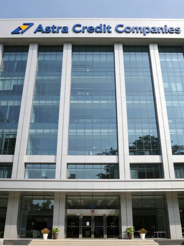 Bright corporate photography of a modern Astra Credit Companies office facade in Jakarta, clean natural daylight, straight-on eye-level framing, high-resolution