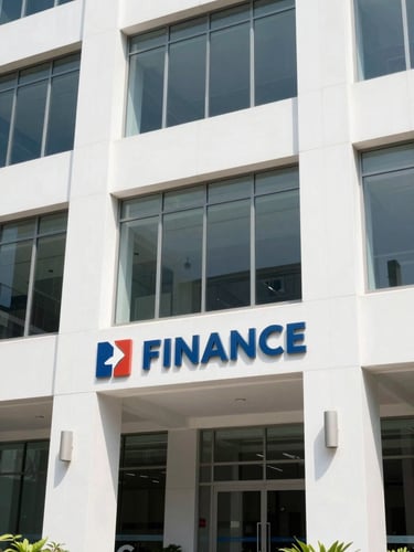 Bright corporate photography of a modern clean multi-finance office facade in Jakarta, natural daylight, professional financial setting