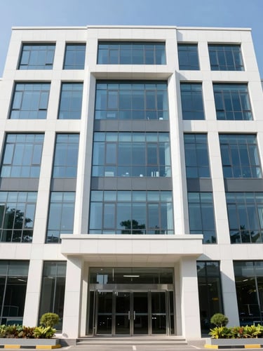 Bright corporate photography of a modern Indonesian multi-finance office facade, clean natural daylight, straight-on framing, 35mm