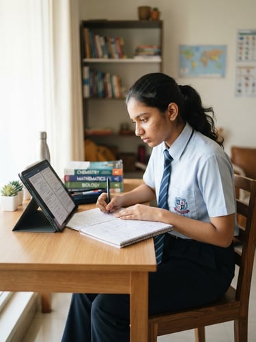 A focused high school student in India sitting at a clean desk, working with a tablet and a physical notebook under bright natural daylight, sharp depth of field, 35mm
