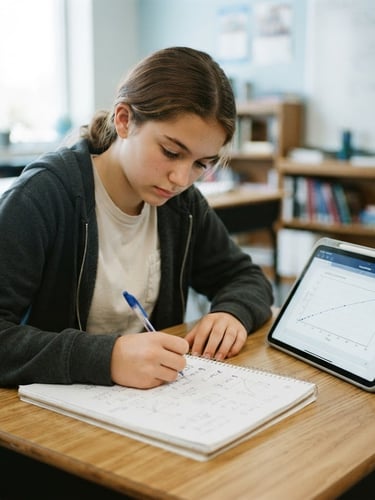 A medium shot of a focused high school student writing physics equations in a clean notebook, a digital tablet beside them displaying a diagnostic graph, bright natural daylight, clean academic atmosphere, 35mm