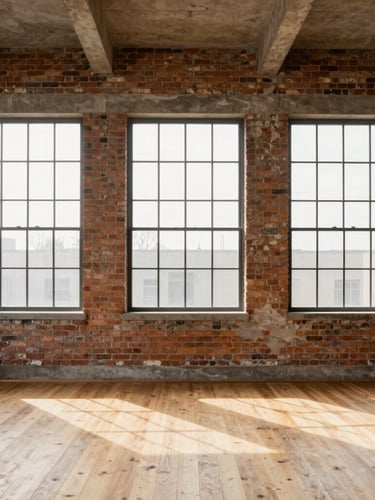 Portrait-oriented architectural photograph of a restored exposed brick wall with large industrial windows, soft diffused daylight, warm timber floor, minimalist.