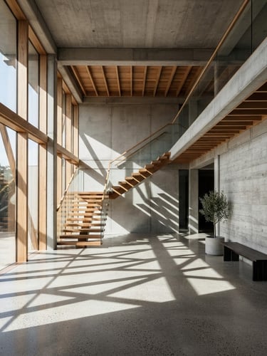 Wide-angle architectural shot of a raw concrete and timber interior, hard direct sunlight casting sharp geometric shadows, minimalist, exposed structural elements.