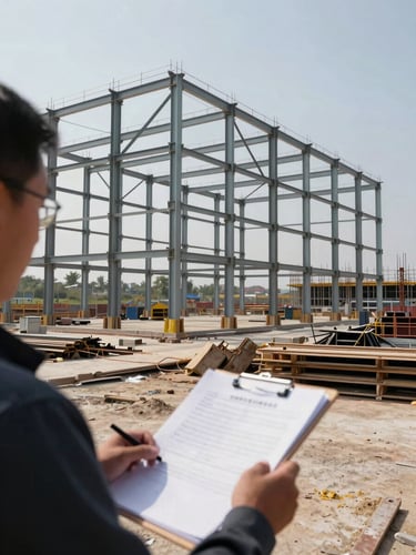 Wide view from inside a large construction site, steel framework rising in the background, a figure in the foreground reviewing documents on a clipboard, even daylight, documentary framing