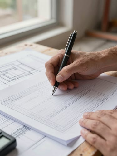 Close-up of hands on a construction site reviewing a printed cost schedule spread across a site table, pen in hand, natural daylight from a window to the left, structural drawings visible underneath, clean and focused