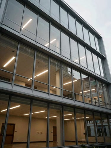 Wide shot from outside looking in through full-height glazing of a completed multi-storey administrative building interior — visible ceiling grids, open floors, fluorescent lighting at each level, steel structure at the perimeter, natural overcast light, no people