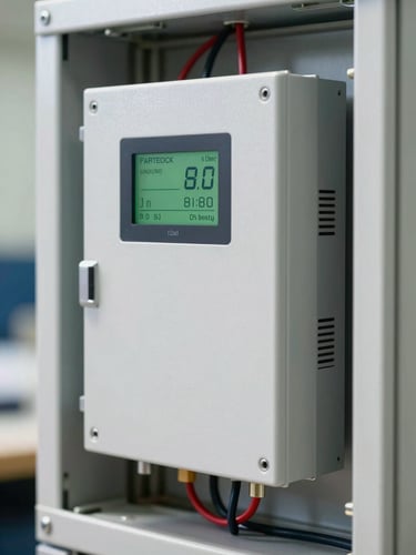 Close-up technical shot of a professional solar inverter panel with neat wiring and digital output display screen, bright natural light.