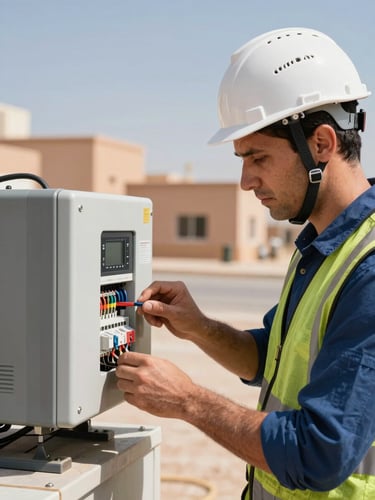 Close-up of a technical engineer in a hard hat inspecting electrical inverter connections on a sunny Moroccan industrial site, bright natural daylight, clean technical details.