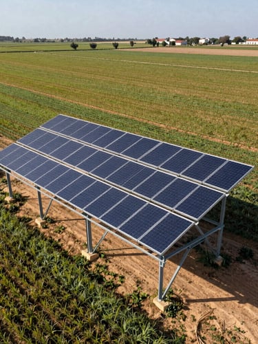 Vue aérienne rasante d'un champ agricole marocain irrigué, des panneaux solaires installés sur une structure métallique robuste au milieu des cultures sous un soleil intense.