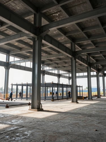 Wide shot from ground level inside a large industrial building under construction — steel structural columns and cross-beams rising to a high ceiling, workers in hard hats installing metal framework in the background, raw concrete floor, bright natural light streaming through open facade openings, technical precision and scale evident