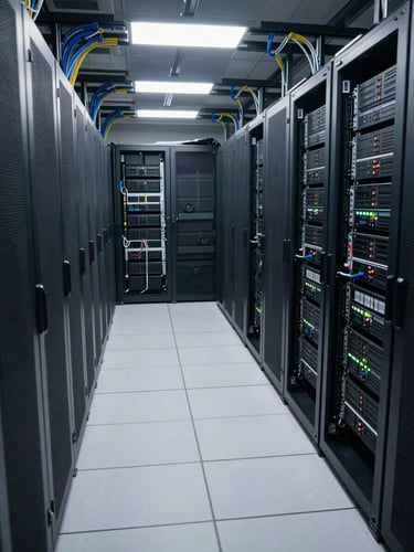 Wide environmental shot inside a completed server room — raised floor tiles, full equipment racks in rows, overhead cable management trays, cool white LED lighting, no personnel, clean technical finish throughout