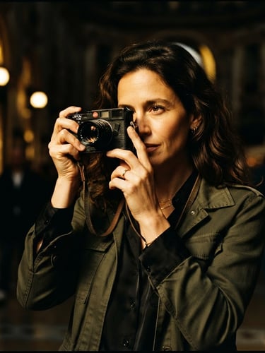 Cinematic editorial portrait of a luxury photographer holding a classic rangefinder camera, dramatic side lighting, rich dark background with warm golden highlights, shallow depth of field, 35mm.