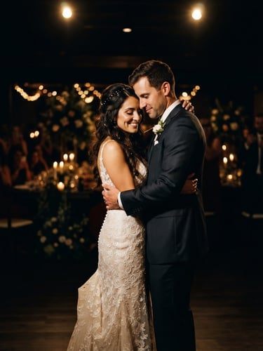 Cinematic wedding couple standing under dramatic low-key reception lighting, warm golden highlights, shallow depth of field, 35mm