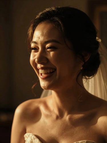 Close-up of a bride laughing during a candid moment, warm golden backlighting, cinematic 35mm style.