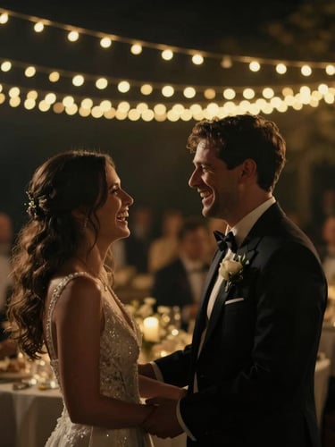 Cinematic wedding reception, a couple sharing an unscripted laugh under warm golden fairy lights, dramatic low-key lighting, shallow depth of field, 35mm.