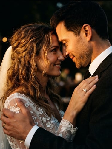 Dramatic close-up of a bride and groom during golden hour, high-contrast low-key lighting, warm gold highlights, 35mm cinematic editorial photography.
