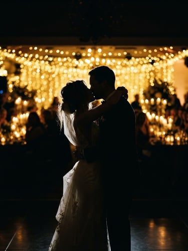 Dramatic low-key cinematic wedding portrait, a couple silhouetted against warm golden reception lights, shallow depth of field, rich obsidian shadows, editorial 35mm composition.
