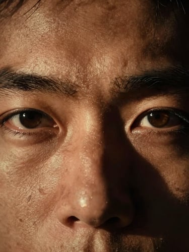 Extreme close-up portrait of a man's eyes, high-contrast chiaroscuro lighting, deep shadows, dramatic amber gel key light, raw cinematic texture.