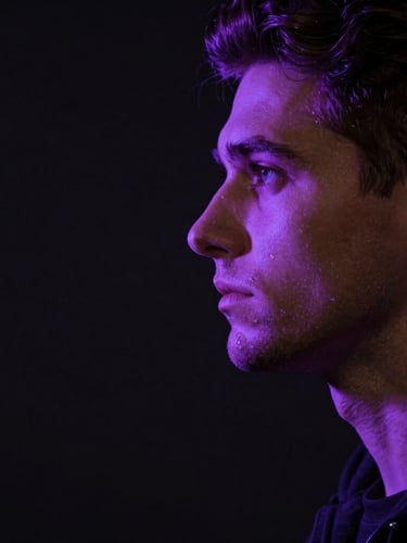 Dramatic chiaroscuro profile of Marek Vane, lit by sharp electric-violet gel from the side, deep negative space on the left, high-contrast cinematic editorial style.