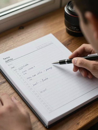 Close-up overhead of a tradesperson's notepad with a handwritten job estimate on a wooden table, a pen resting across the page, warm window light illuminating the paper