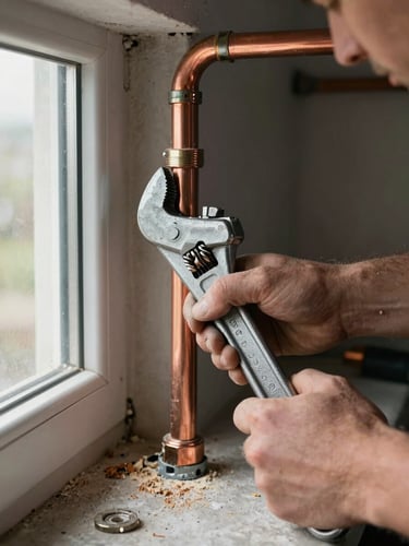 Close-up of a tradesperson's hands gripping a pipe wrench on a copper pipe fitting inside a dim domestic wall cavity, natural window light from the left catching the metal threads, sawdust and plaster dust visible on a concrete floor below