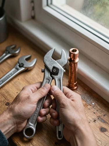 Close-up overhead view of a tradesperson's hands gripping a pipe wrench over a copper joint under kitchen window daylight, tools laid out on worn wooden surface beside them