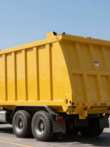 Low-angle heroic shot of a heavy-duty flatbed truck carrying a safety-yellow roll-off dumpster, bright California midday sun, high contrast, sharp focus, 35mm lens