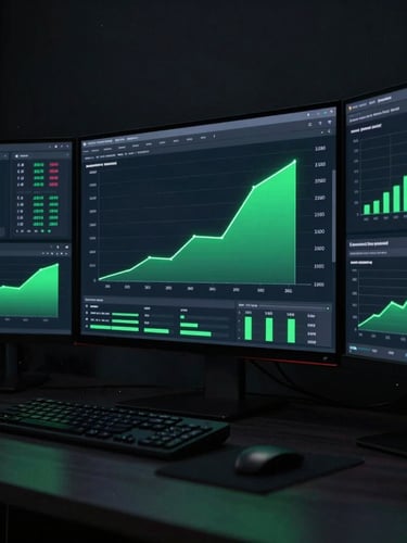 Wide panoramic dark-themed custom analytics dashboard displaying exponential growth curves in neon green on ultra-crisp screens, moody studio lighting with high-contrast shadows.