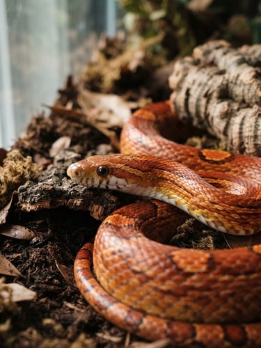 Close-up of a calm, healthy corn snake in a well-maintained terrarium, soft natural daylight, shallow depth of field, authentic