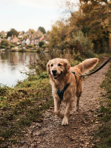 A happy golden retriever walking on a lead along a path beside the River Trent, with trees and local Radcliffe scenery in the soft natural daylight, shallow depth of field, authentic.