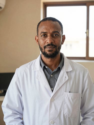 Environmental portrait of Dr. Adan Abdirahman Mohamed in a clean, professional clinic office in Baidoa, warm natural window light, dignified and authoritative look