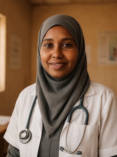 Dignified portrait of a Somali community health worker in a warm, naturally lit clinic in Baidoa, smiling softly, 35mm lens, soft earth tones