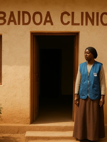 A warm daylight view of the clean, welcoming entrance of the Baidoa clinic, with a community health worker in a blue vest standing near the doorway, soft earth tones, 35mm lens.
