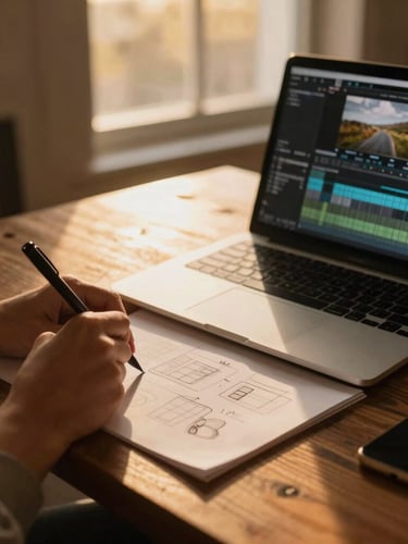 Hands sketching content plans on a warm wooden table next to a glowing laptop showing an editing timeline, soft golden-hour window light, cozy atmosphere