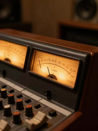 Close-up of a vintage mixing console in a warm, low-key dimly lit music studio, amber glow from the meters, shallow depth of field, 35mm photography