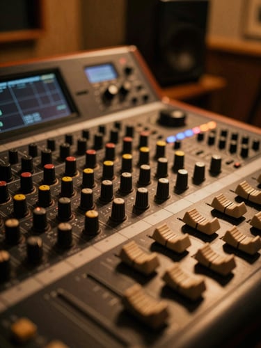Close-up of a warm, low-key lit music mixing console in a cozy studio, rich amber tones, shallow depth of field, 35mm