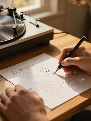 Close-up of hands sketching a content plan on a warm wooden table next to a vinyl player, warm golden-hour window light, shallow depth of field