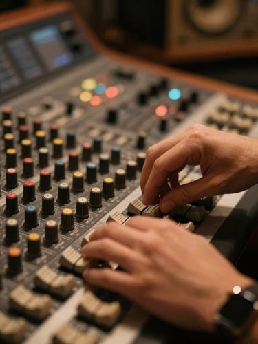 Intimate close-up of hands adjusting dials on a vintage mixing console in a warm, low-key lit music studio, shallow depth of field, 35mm photography