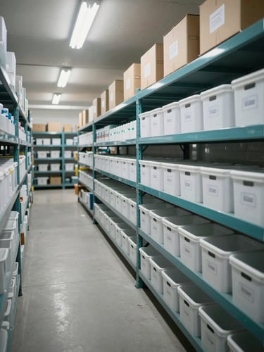 Wide interior shot of a climate-controlled storage facility, metal shelving units lined with clearly labeled boxes and numbered bins stretching into the background, clean overhead fluorescent lighting showing organized rows, no people, cool teal accent on shelf frames