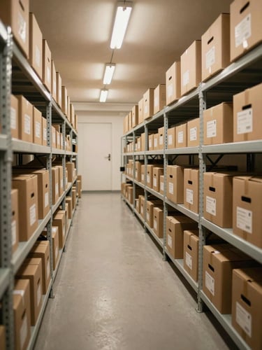 Wide shot of a climate-controlled self-storage corridor in Dubai, shelving units with clearly labeled boxes and inventory tags on each item, even fluorescent lighting showing the full organized depth of the space, warm neutral walls, no people present