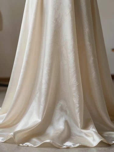Close-up of premium raw silk fabric draped elegantly over a tailor's form in an empty studio. Soft, diffused daylight catches the delicate texture and organic weave of the textile.