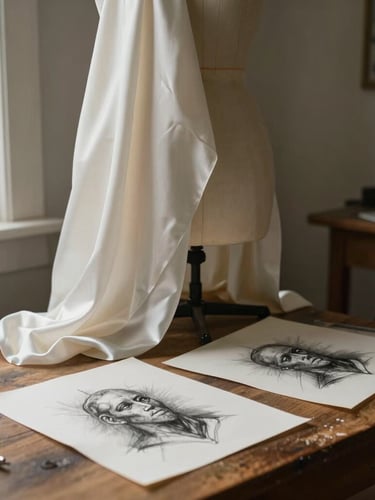 A quiet Salt Lake City atelier corner, soft daylight illuminating draped raw silk fabric on a dress form, charcoal sketches resting on a nearby wooden table.