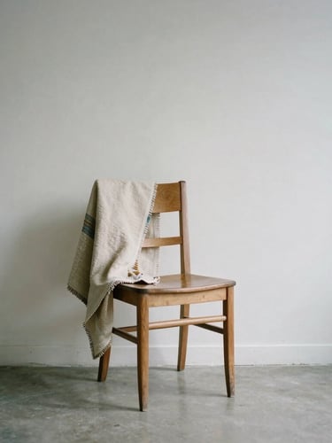 A quiet, empty studio corner in Salt Lake City with a single wooden chair and a draped textile sample, soft daylight.