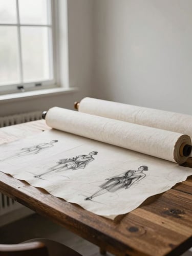 Soft, diffused northern daylight illuminating a quiet corner of a Salt Lake City creative studio. A heavy roll of raw linen and hand-drawn charcoal fashion sketches rest on a dark oak table, wide environmental composition.