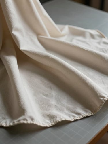 Macro photograph of heavy raw silk draping over a cutting table, soft indirect northern daylight highlighting the physical weave, quiet neutral tones.