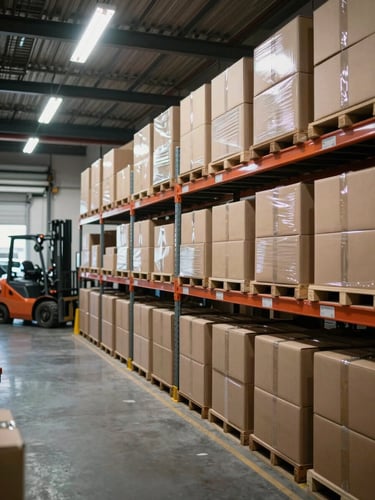 Wide shot inside a Brazilian auto parts warehouse, rows of sealed cardboard boxes stacked on steel shelving to the right, fluorescent overhead lighting casting flat honest light, a forklift partially visible in the background, no people — operational and ready-to-ship