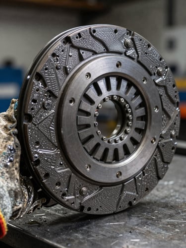 Extreme close-up of a remanufactured clutch disc assembly resting on a steel workshop bench, hard studio strobe light from the left revealing every machined surface detail, grease-stained work gloves partially visible at the edge, dark background