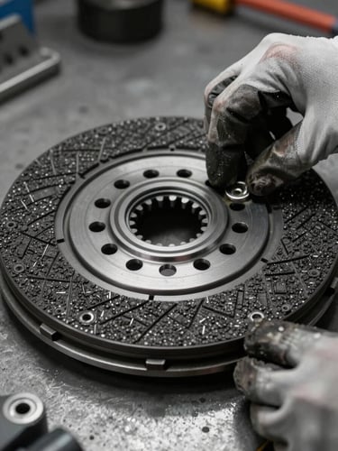 Extreme close-up of a remanufactured clutch disc on a steel workbench, hands in work gloves positioning the component, flat studio strobe light revealing surface texture and friction material detail, no background distractions