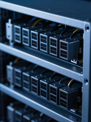 Macro close-up of high-precision server rack wiring under deep blue and cool white low-key lighting, structured physical hardware details.