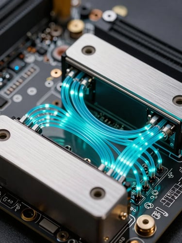 Macro shot of custom-routed server motherboard, glowing cyan fiber optic connections, brushed aluminum housing, ultra-sharp technical detail.